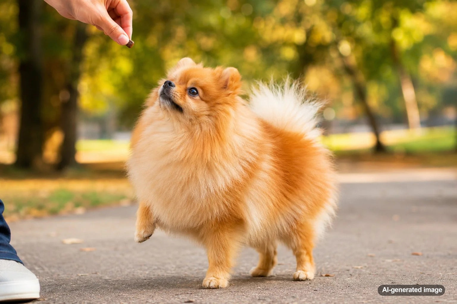 Fluffy Pomeranian sitting confidently at home with an alert expression for a Plato Pet Treats breed guide