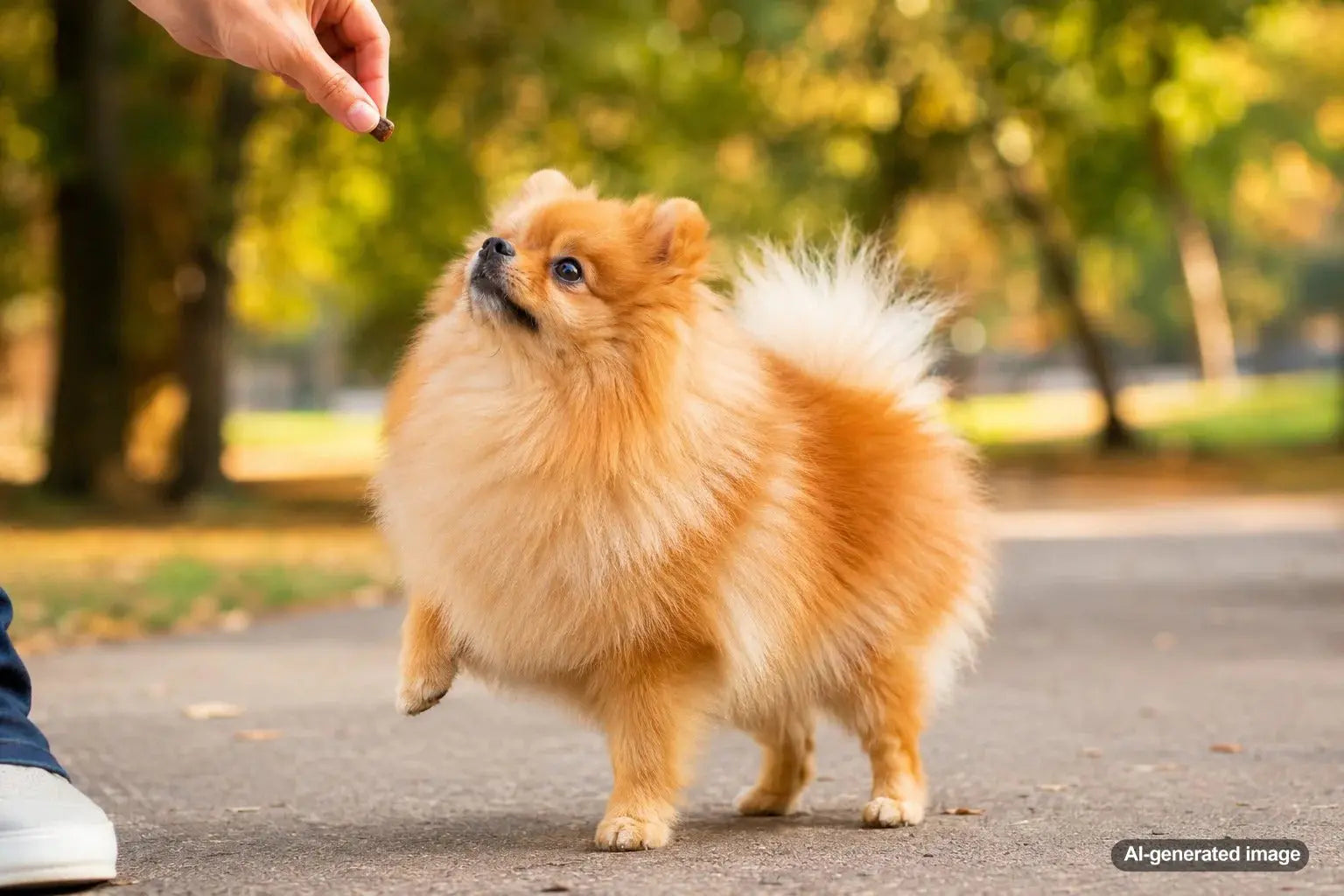Fluffy Pomeranian sitting confidently at home with an alert expression for a Plato Pet Treats breed guide