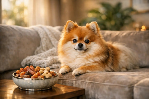 Fluffy fox-faced Pomeranian dog enjoying a luxurious lifestyle