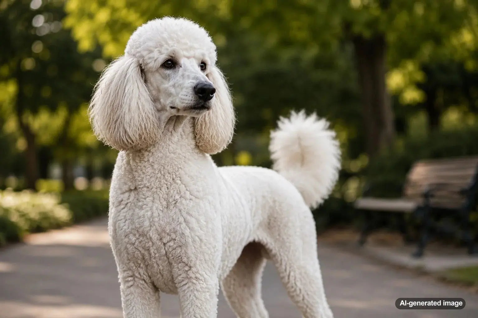 Elegant athletic Poodle posing outdoors with an alert expression