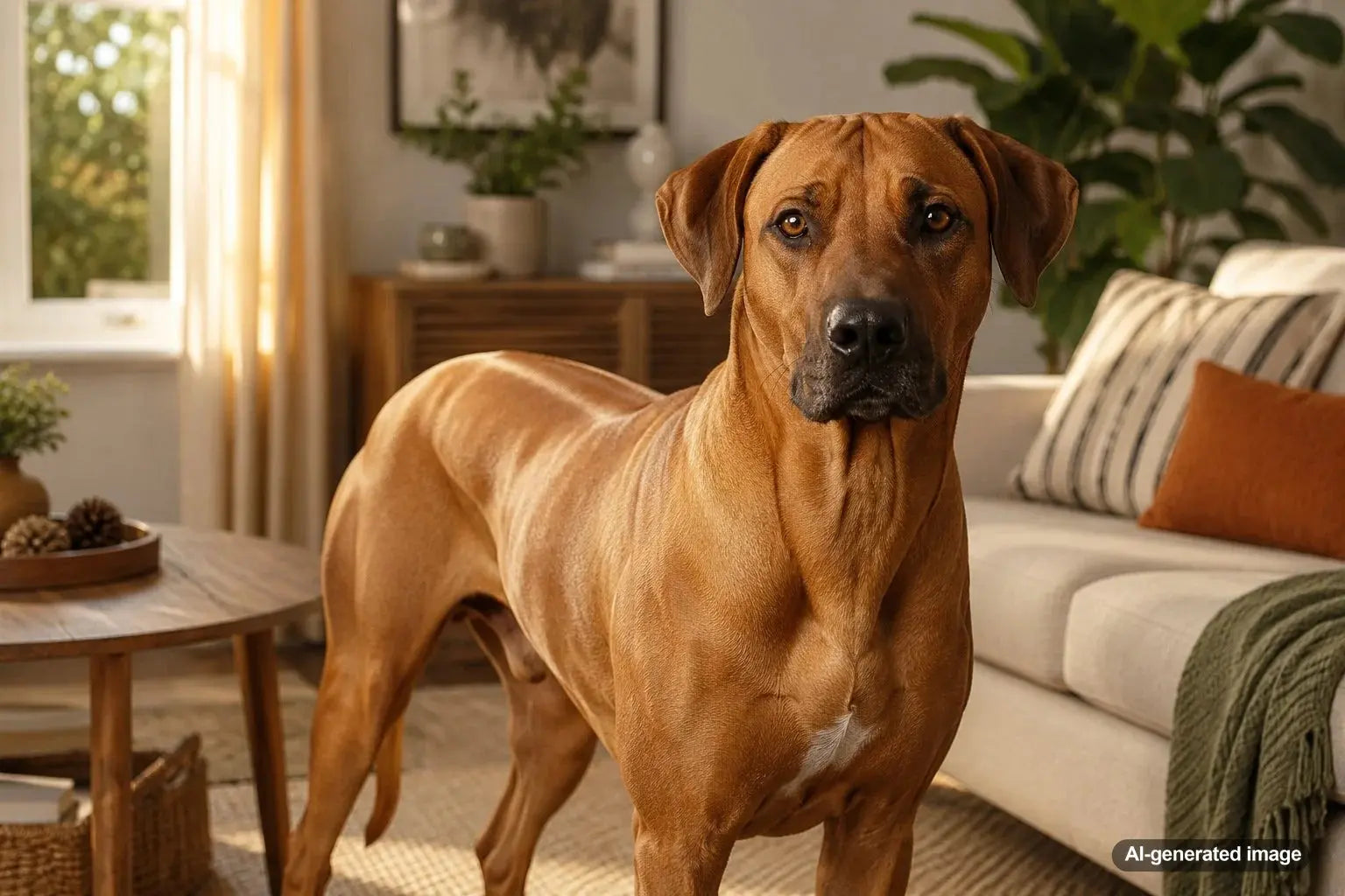 Rhodesian Ridgeback standing confidently outdoors with its signature back ridge
