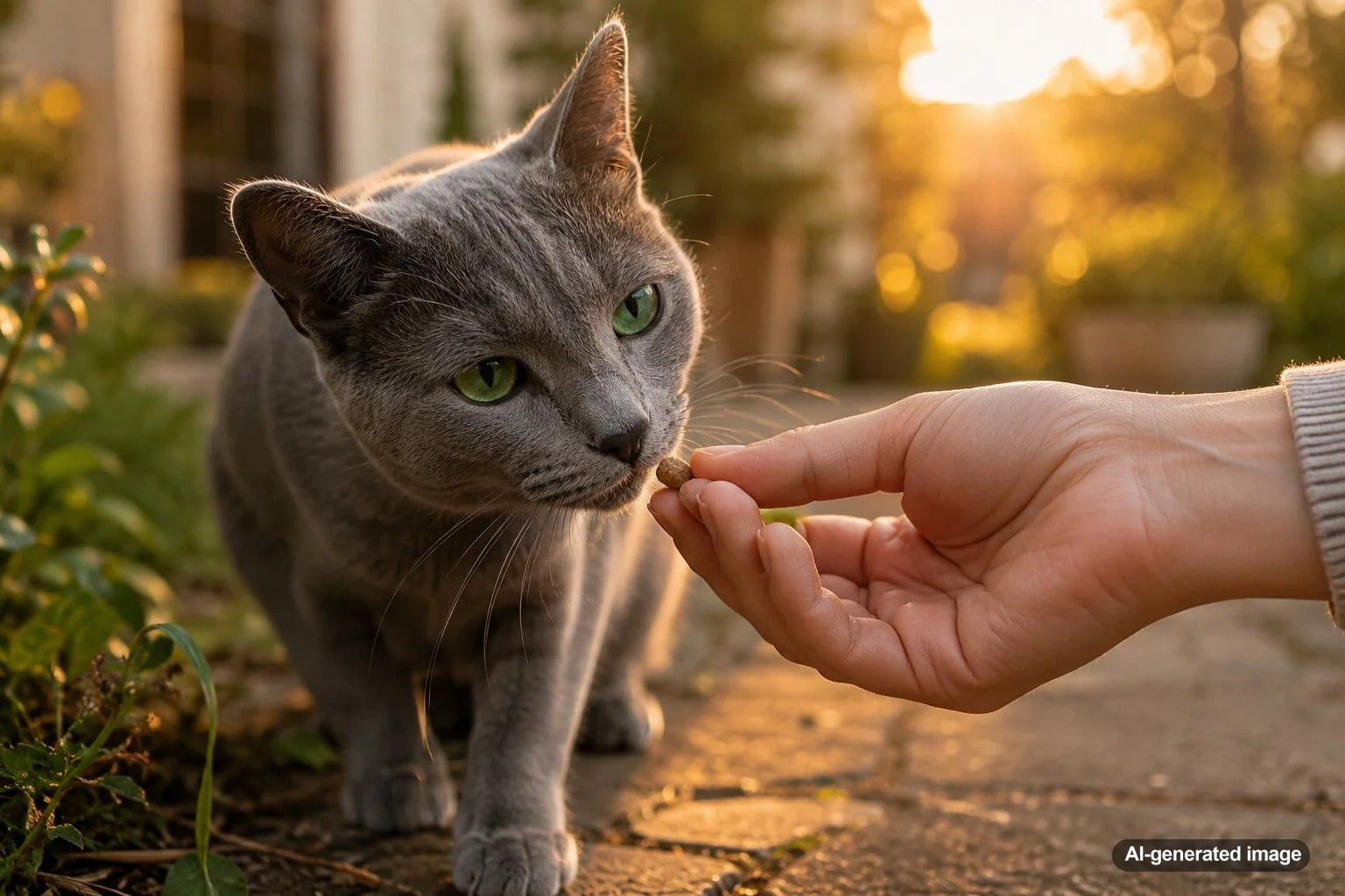 Reserved Russian Blue cat with a plush silver-blue coat and vivid green eyes