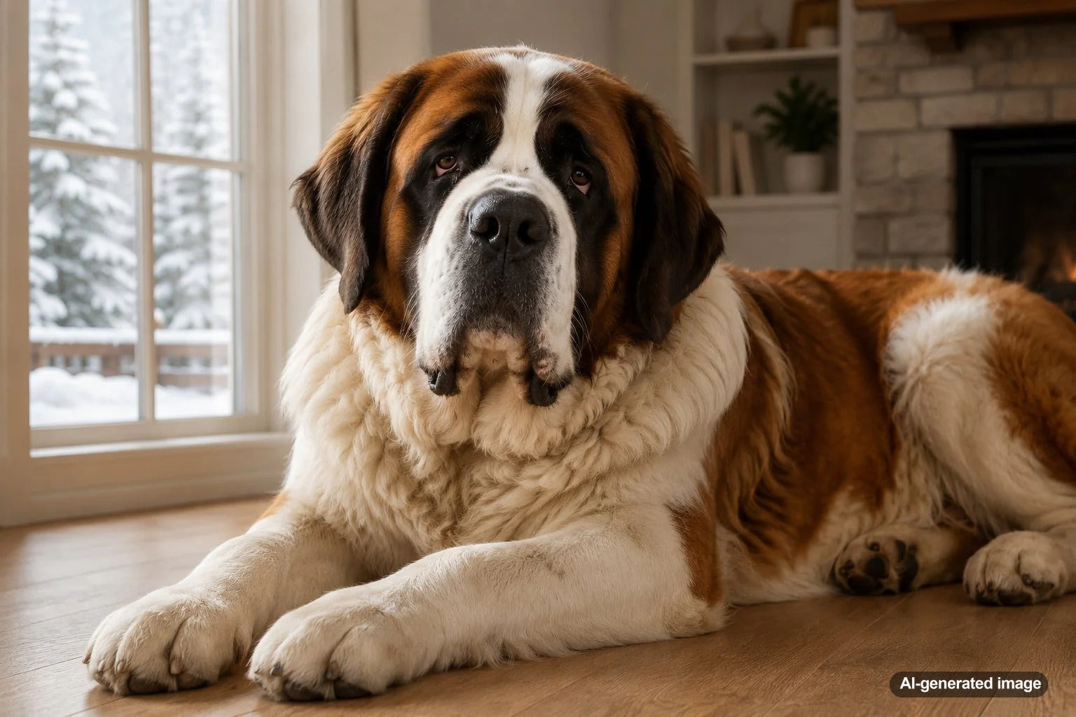 A calm Saint Bernard dog in an Alpine-inspired setting, reflecting the breed's gentle rescue heritage