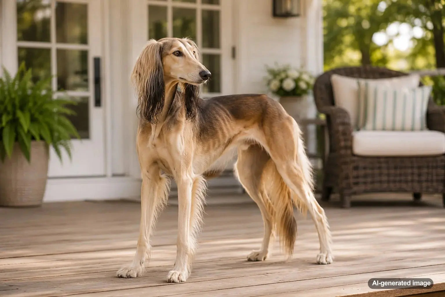 Elegant Saluki standing outdoors with a graceful desert runner posture