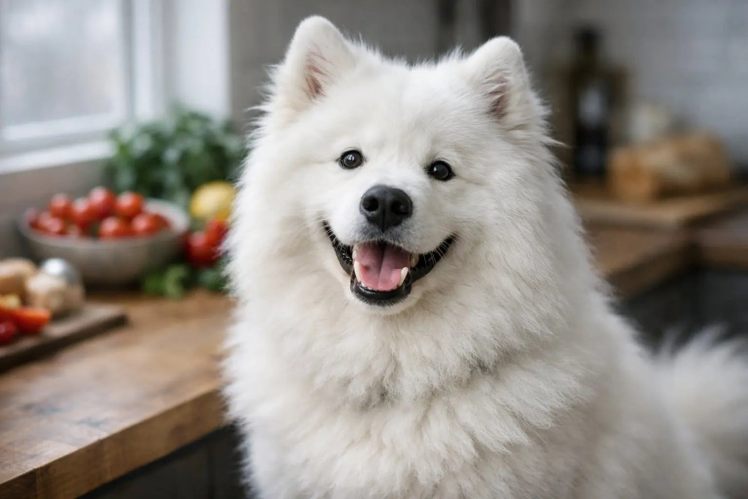 Fluffy white Samoyed dog smiling outdoors with the classic Sammy grin