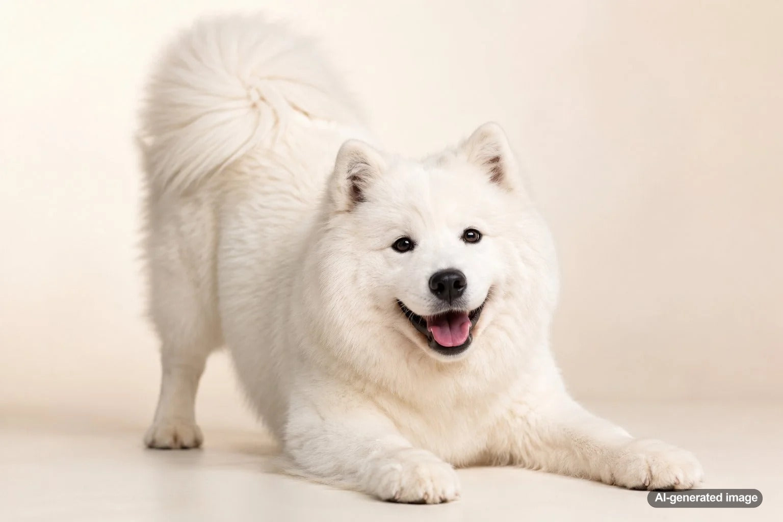Happy fluffy white Samoyed dog showing the breed's famous smile and playful personality