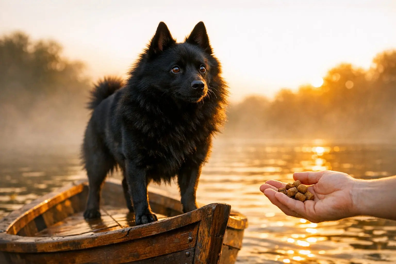 Black Schipperke standing on a wooden boat at sunrise while a hand offers treats, illustrating the breed's little captain heritage
