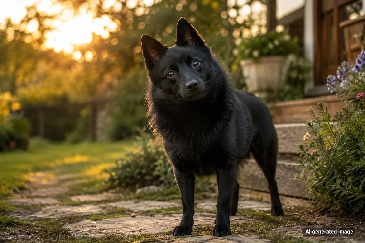 Alert black Schipperke with upright ears and a curious foxlike expression