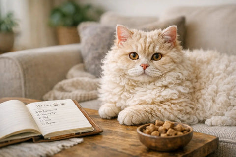 Selkirk Rex cat with curly plush coat cuddling