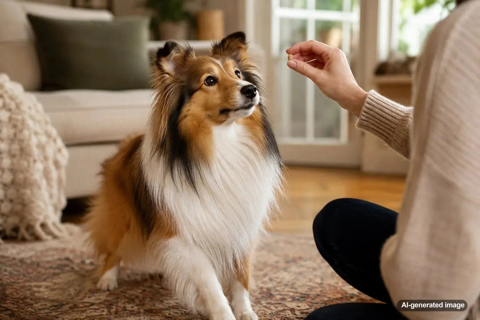 Alert Shetland Sheepdog standing outdoors with its long sable and white coat