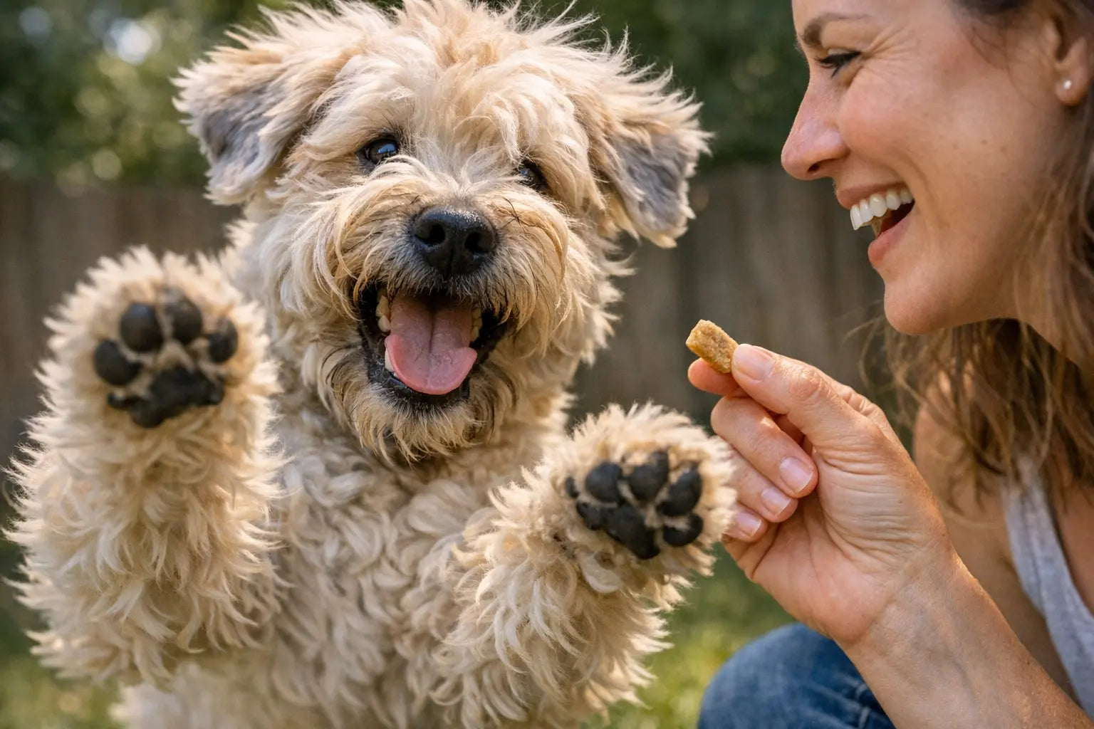 Happy Soft Coated Wheaten Terrier with a silky wheat-colored coat enjoying an energetic Wheaten Greetin