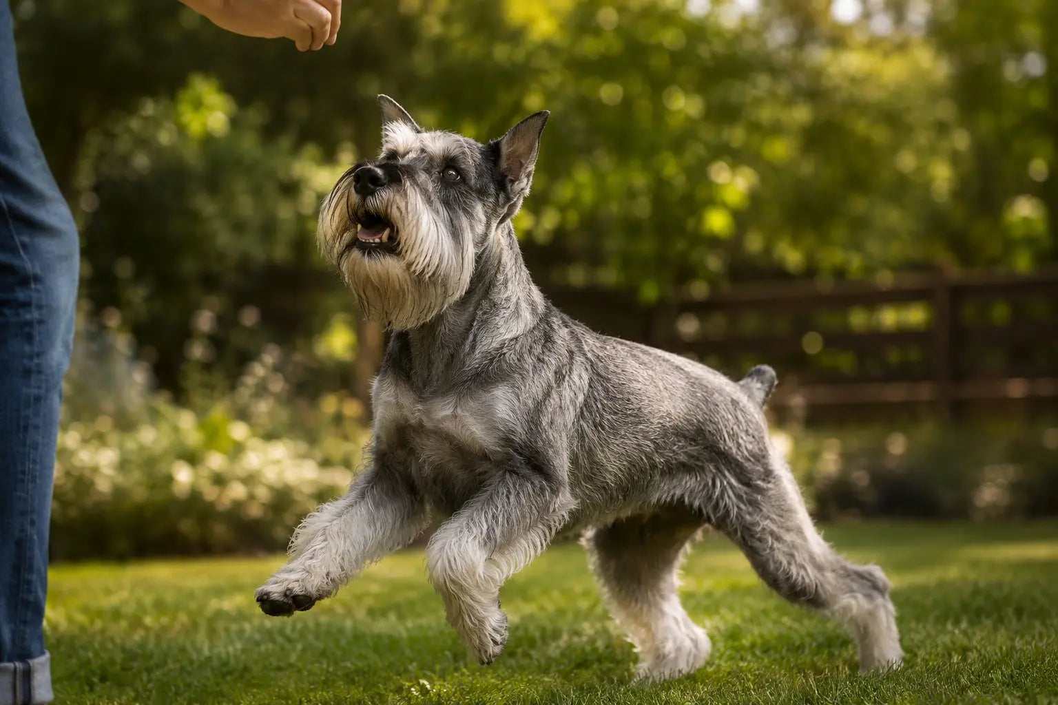 Standard Schnauzer standing alert with a wiry coat and signature beard