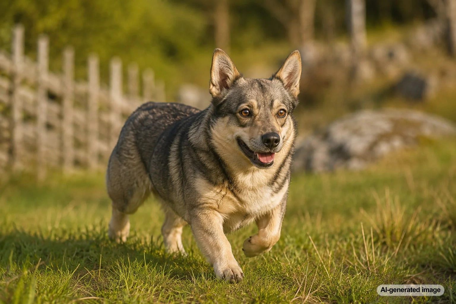 Swedish Vallhund standing outdoors with alert ears and a bright herding dog expression