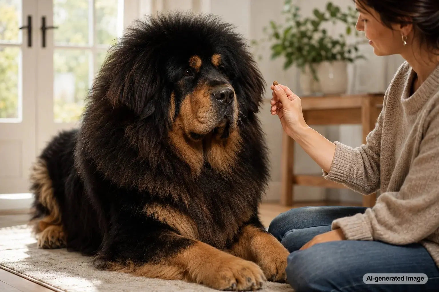 A majestic Tibetan Mastiff standing outdoors with a thick coat and calm guardian expression
