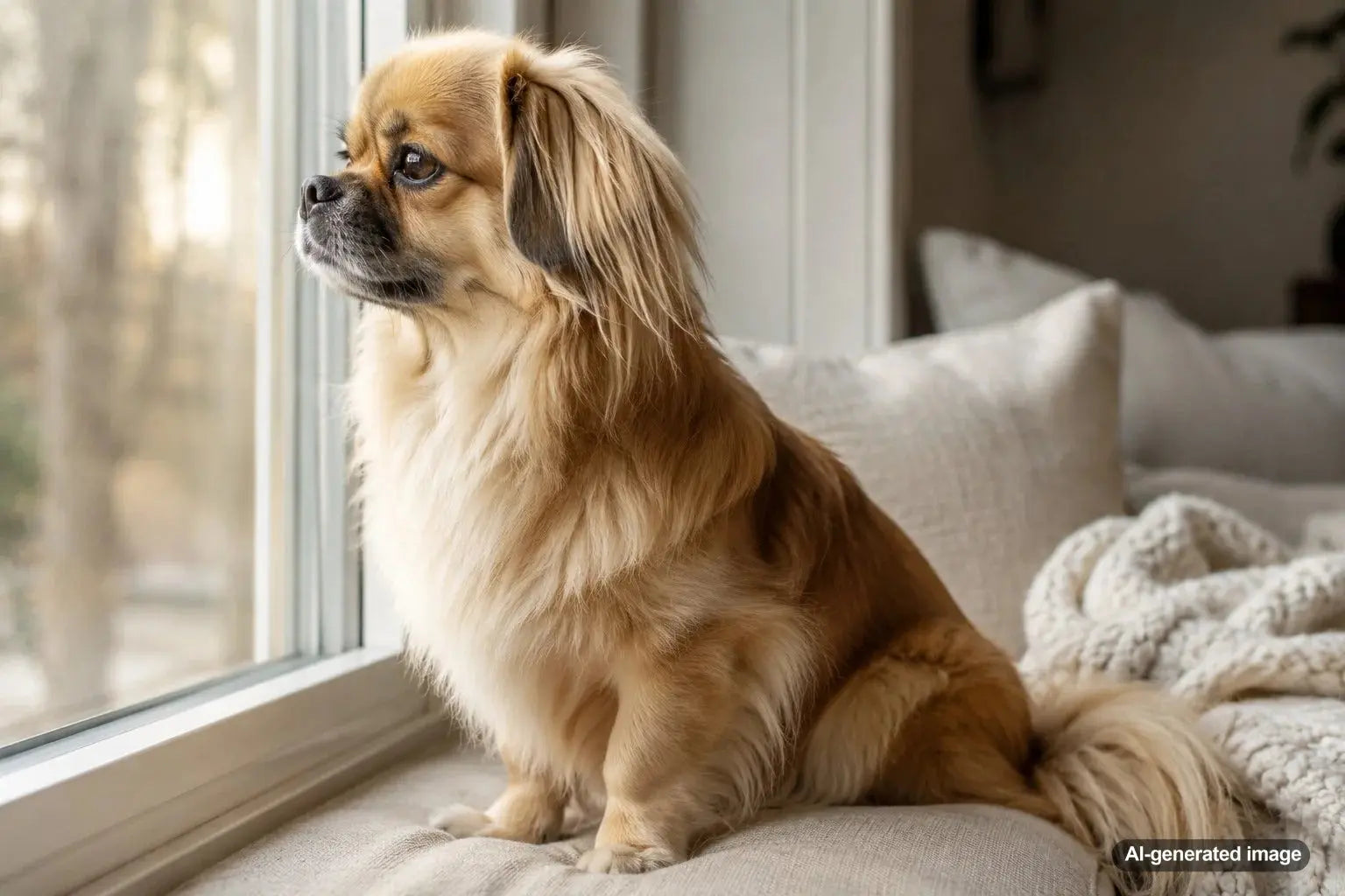 Tibetan Spaniel sitting by a sunny window with an alert, watchful expression