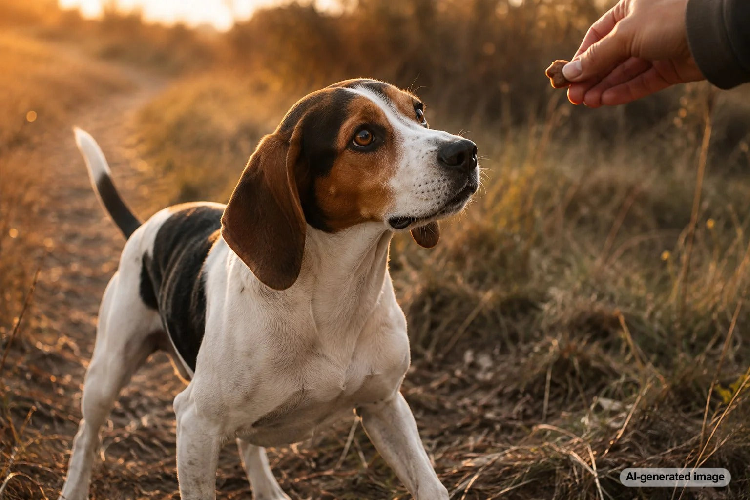Treeing Walker Coonhound standing outdoors with an alert expression, showing the breed's athletic build and classic hound markings