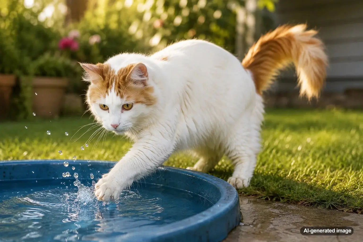 Turkish Van cat with classic Van pattern near water for a blog about the swimming cat breed