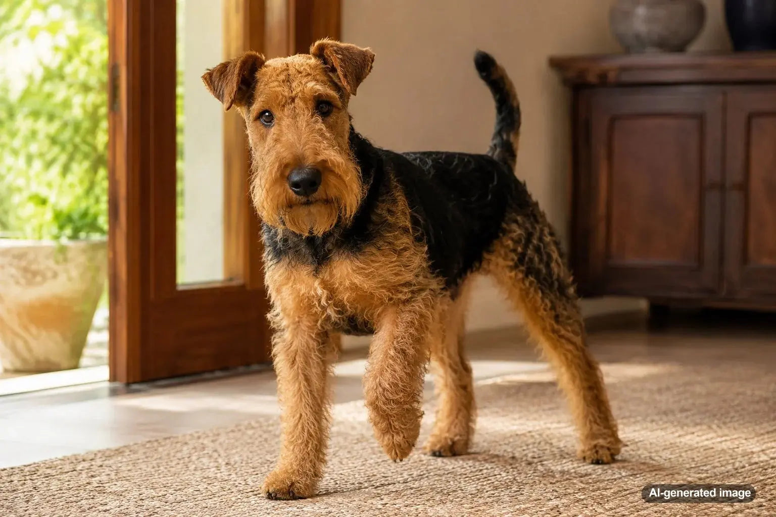 Welsh Terrier with a wiry black and tan coat showing its spirited terrier personality