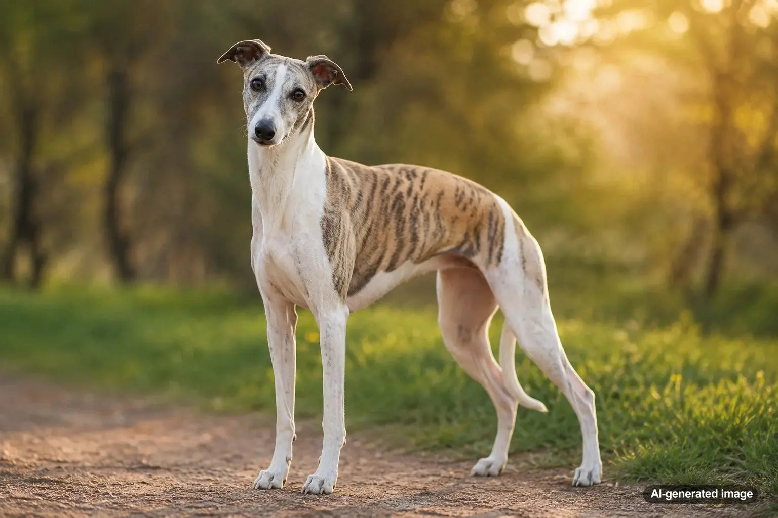 Whippet dog showing the breed's elegant athletic build and gentle companion personality