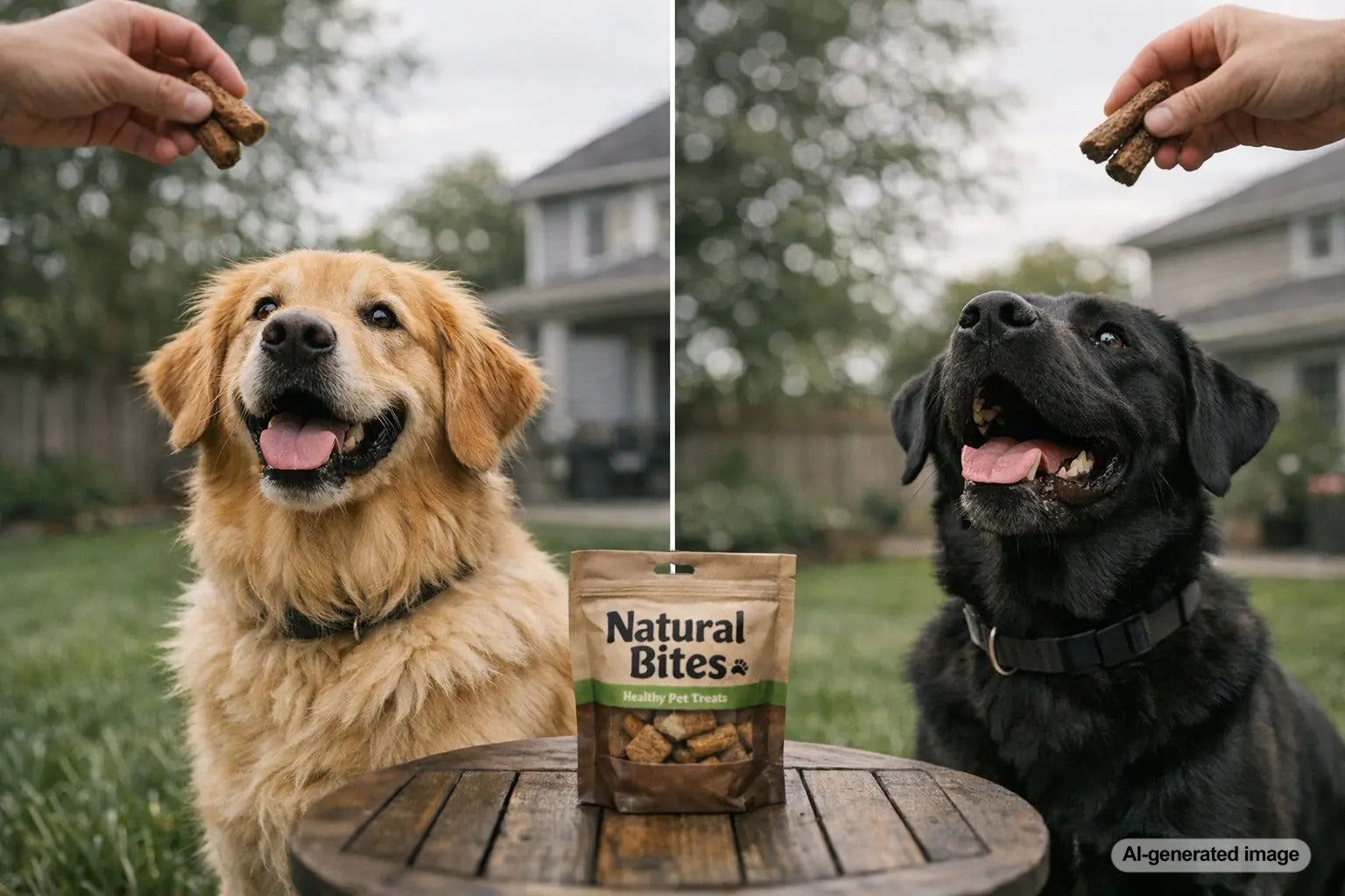 Golden Retriever and Labrador sitting side by side outdoors comparing dog breeds