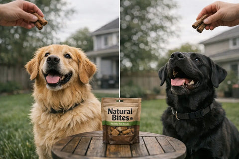 Golden Retriever and Labrador sitting side by side outdoors comparing dog breeds