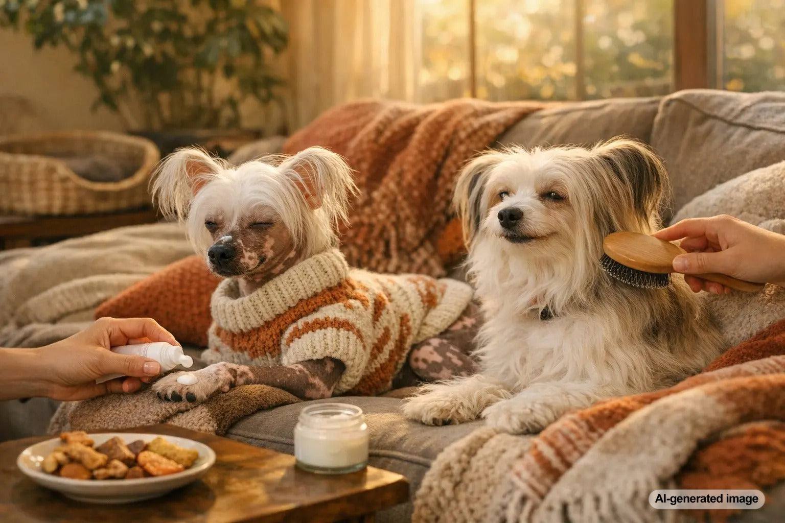 A Chinese Crested dog in a cozy sweater with clear sky and sunshine