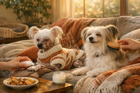 A Chinese Crested dog in a cozy sweater with clear sky and sunshine
