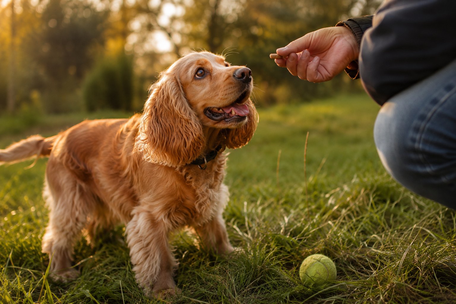 Happy Cocker Spaniel enjoying sniff games and spaniel-friendly fetch with Plato Pet Treats