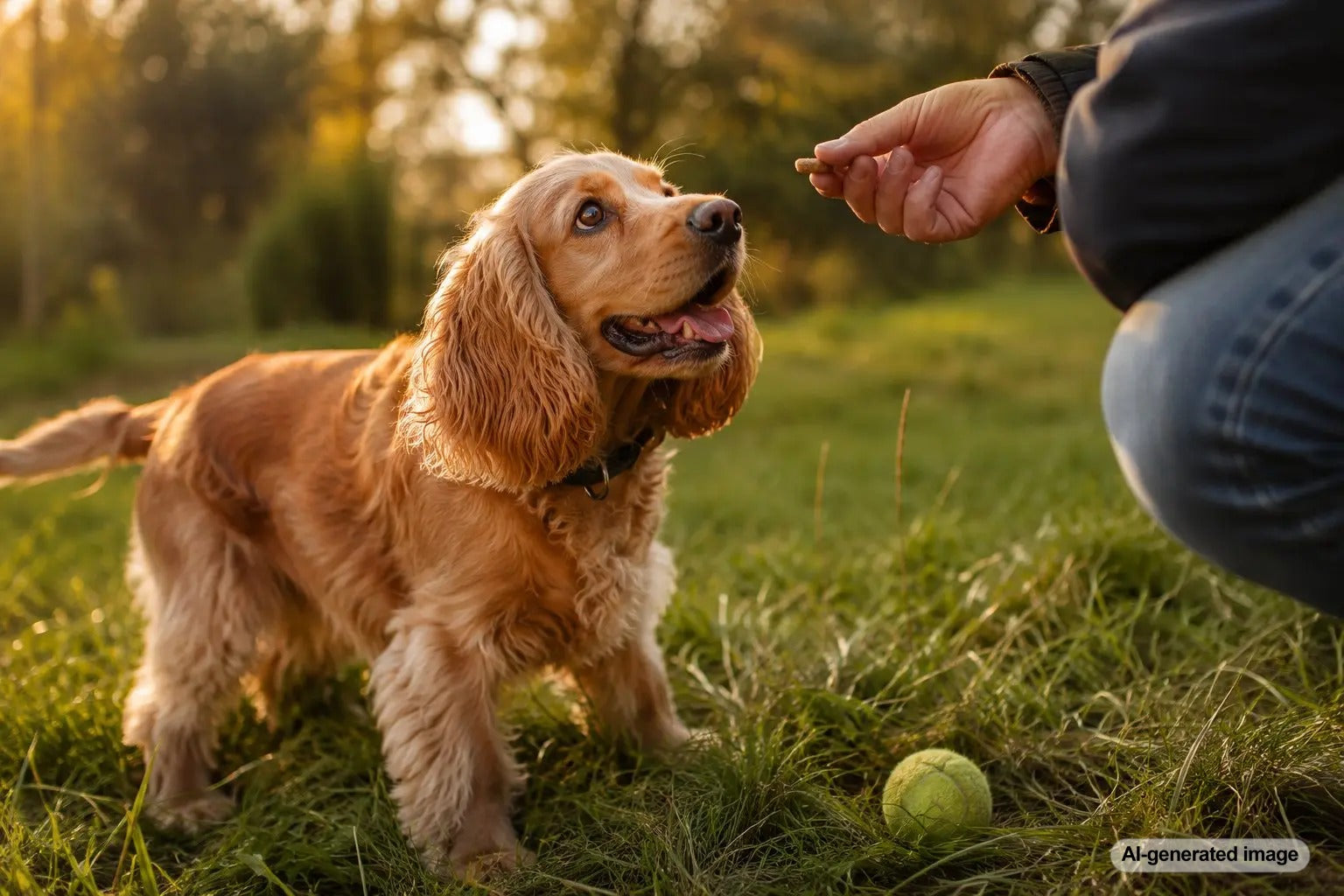Happy Cocker Spaniel enjoying sniff games and spaniel-friendly fetch with Plato Pet Treats