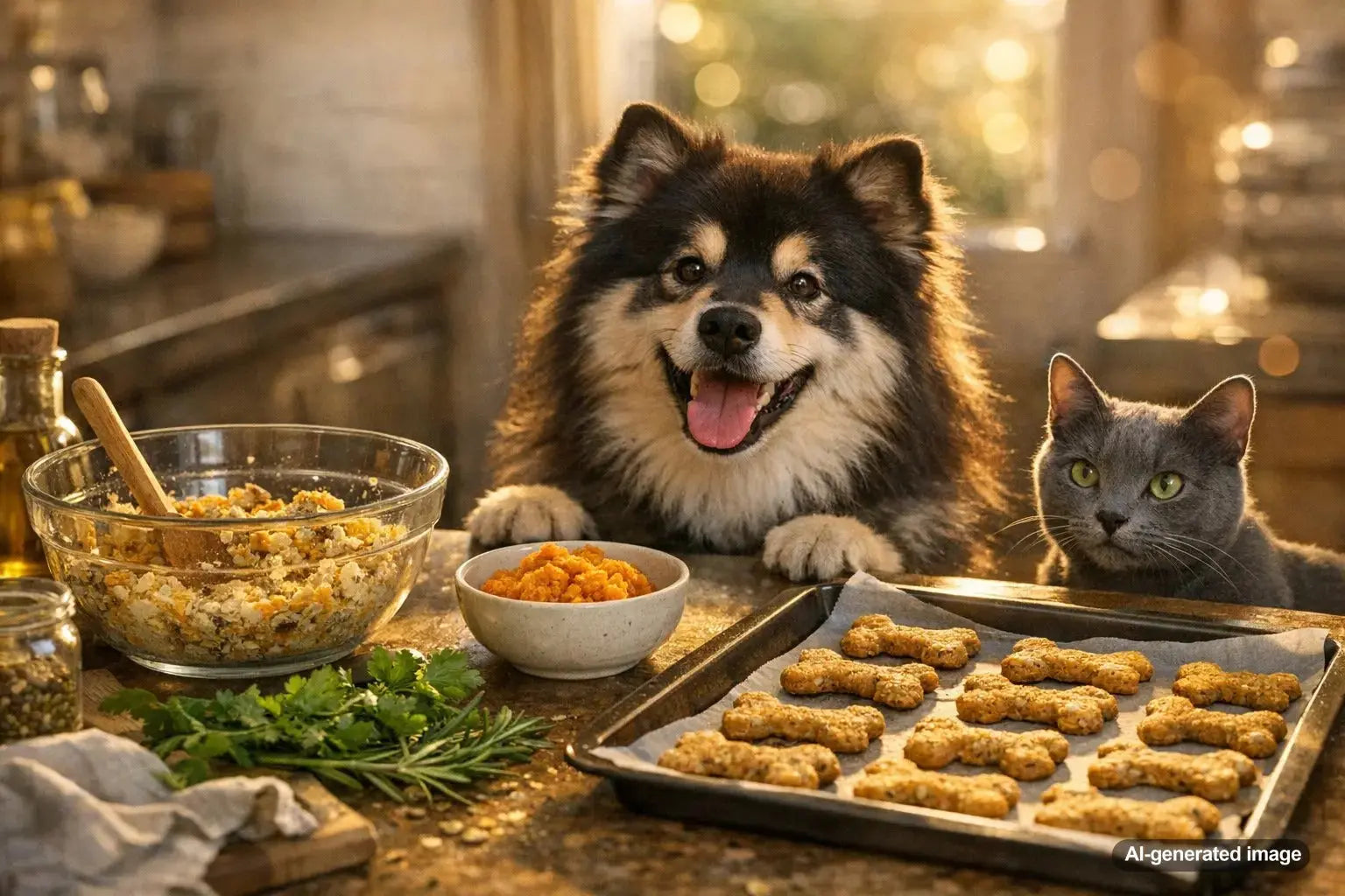 Safe botanical herbs for pet treats with dog and herbs background