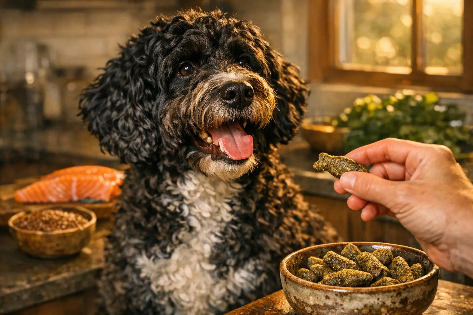 Dog with a healthy coat relaxing outdoors, representing omega-3 support for allergic dogs and skin health