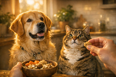 Healthy weight management treat strategies for overweight dogs and cats enjoying mindful snacks