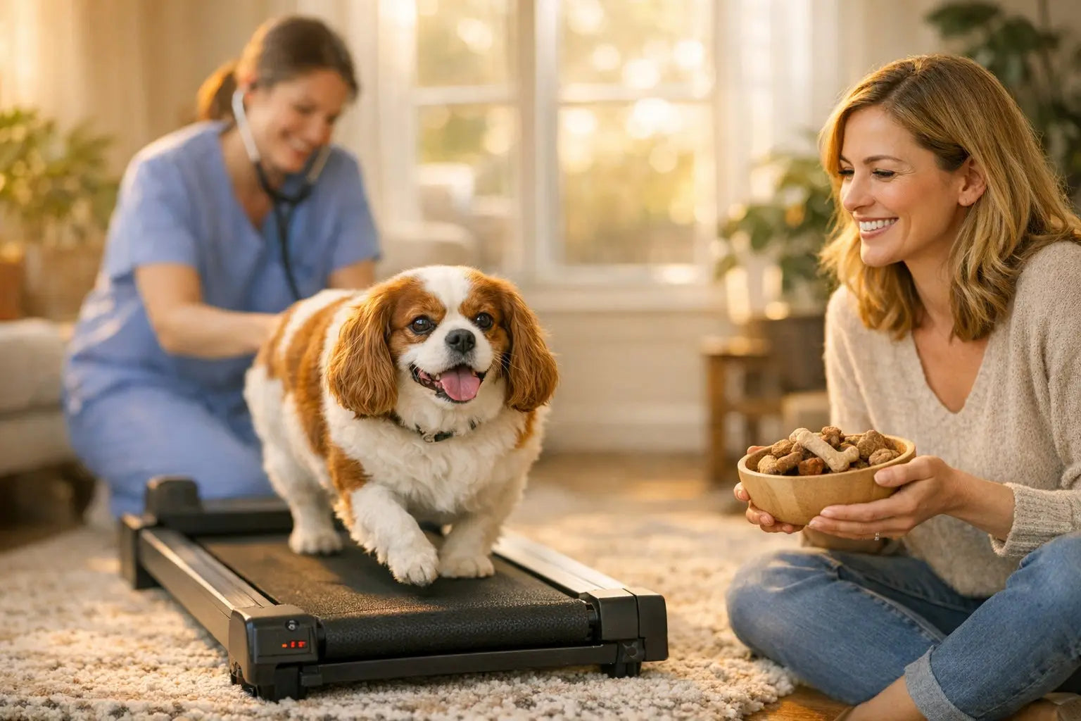 Cavalier King Charles Spaniel relaxing with heart-healthy habits focus on weight, exercise, and vet checks