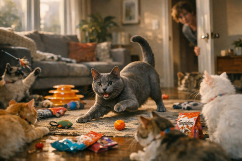Cat playdate scene showing social cats relaxing together indoors