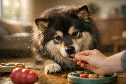 Shy dog gaining confidence through treat based training games