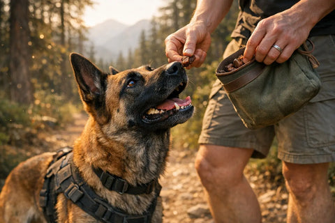 High-protein dog treats for active dogs hiking and running outdoors with their owners