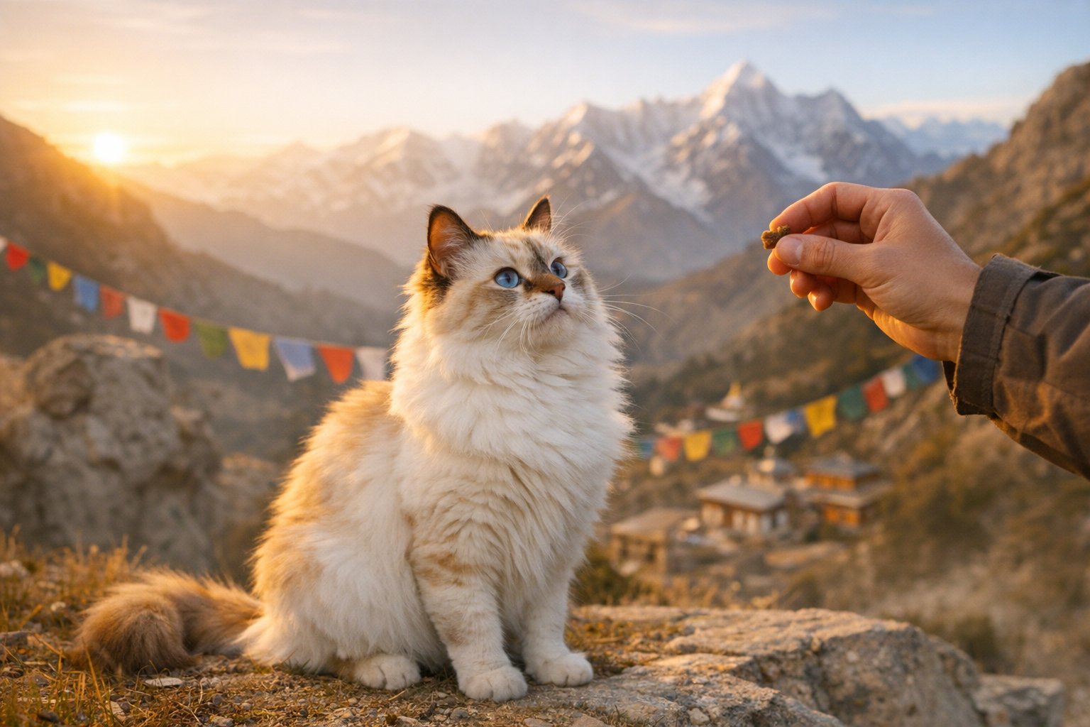 Himalayan cat with pointed Persian features enjoying a calm treat-time moment