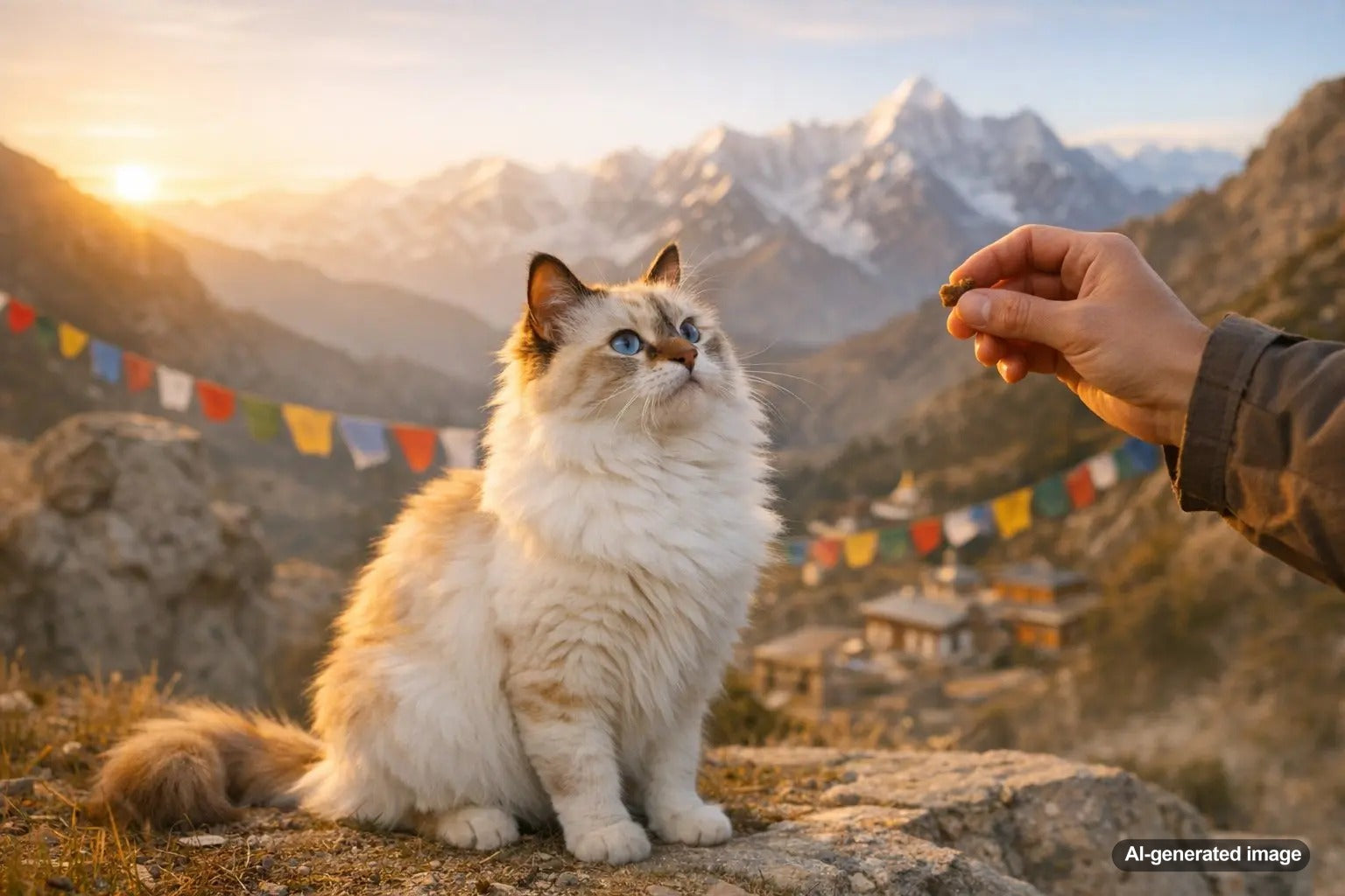Himalayan cat with pointed Persian features enjoying a calm treat-time moment