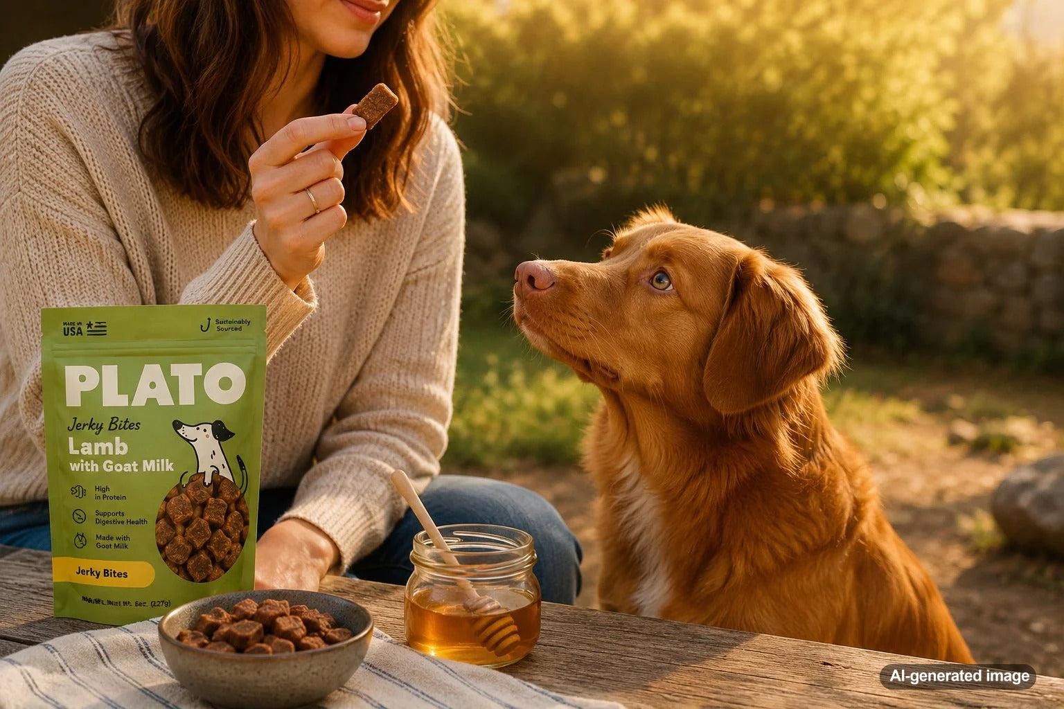 Dog food bowl with honey and wholesome ingredients for a blog about honey in dog food
