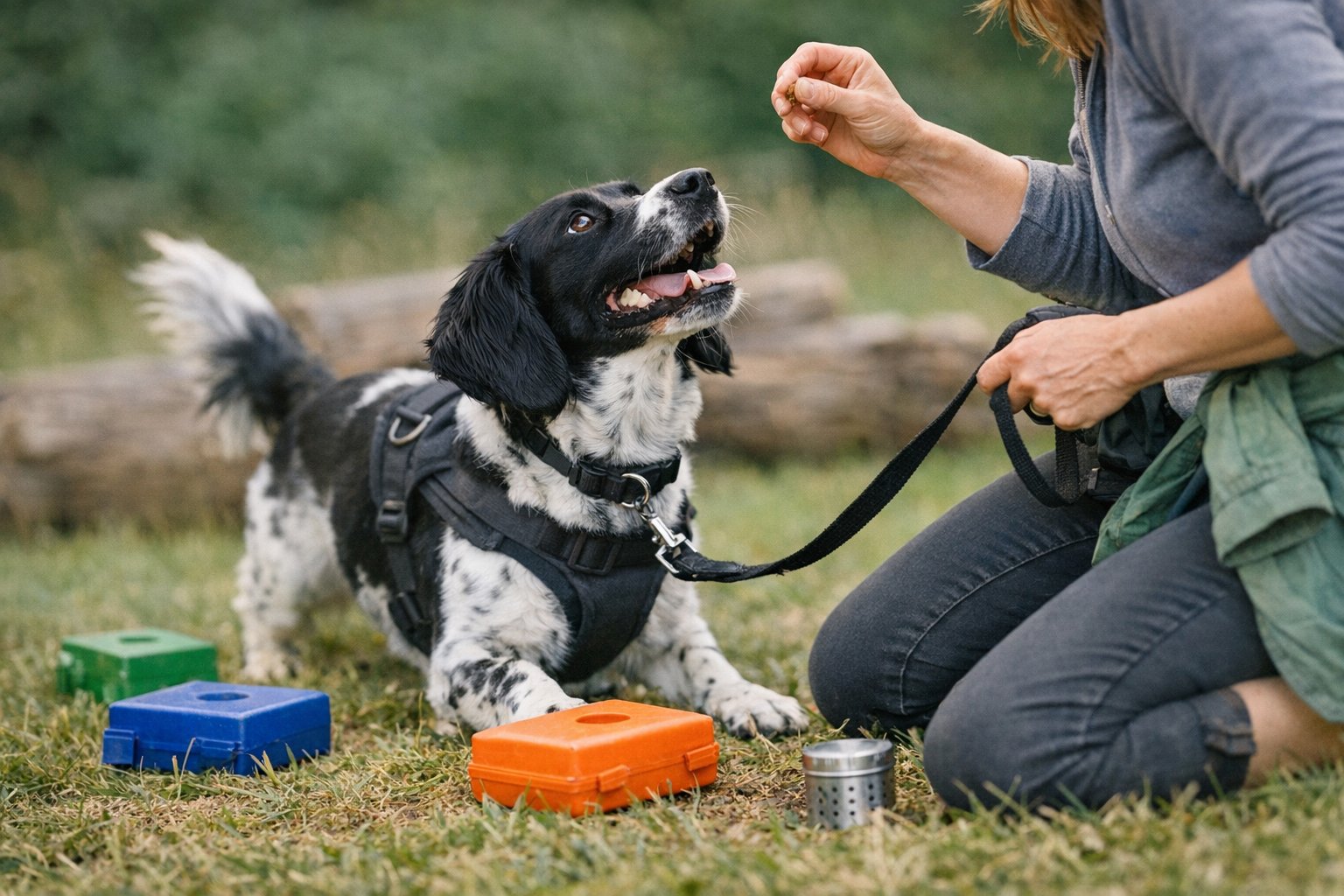 Beagle using its powerful nose during a nose-work training game