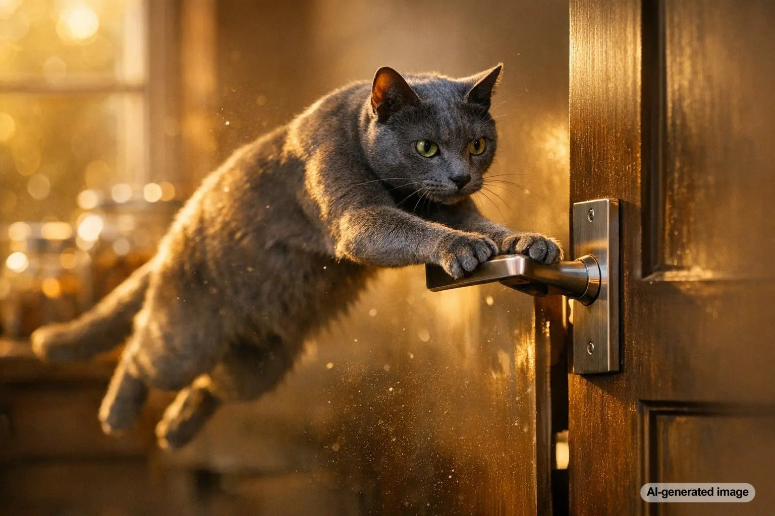 Clever cat opening a door using a lever handle at home