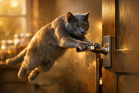 Clever cat opening a door using a lever handle at home