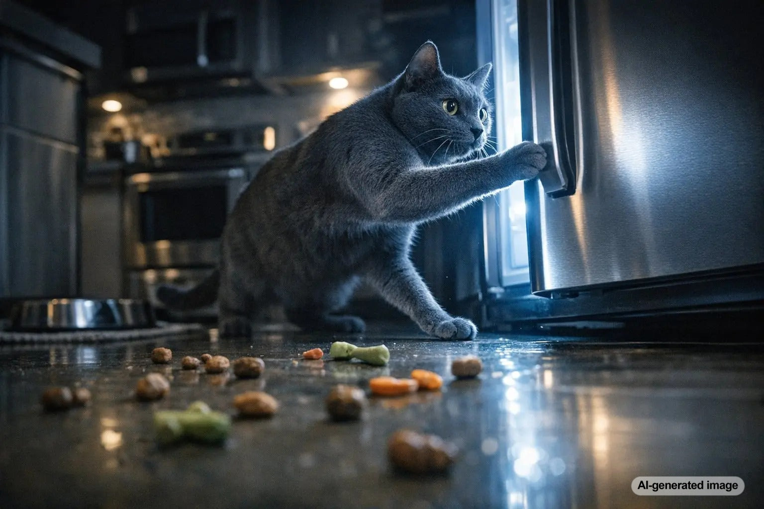 Curious cat opening a refrigerator door in a home kitchen