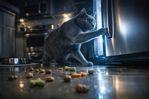 Curious cat opening a refrigerator door in a home kitchen