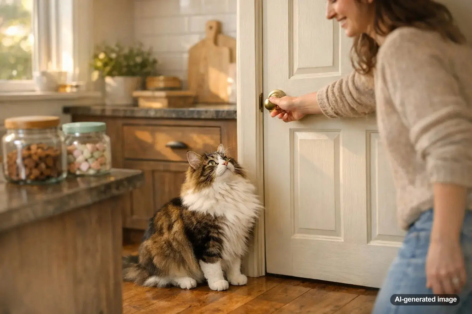 Funny cat sitting by a closed door waiting for a human to open it