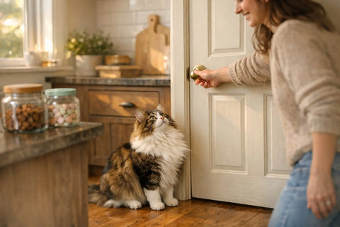 Funny cat sitting by a closed door waiting for a human to open it