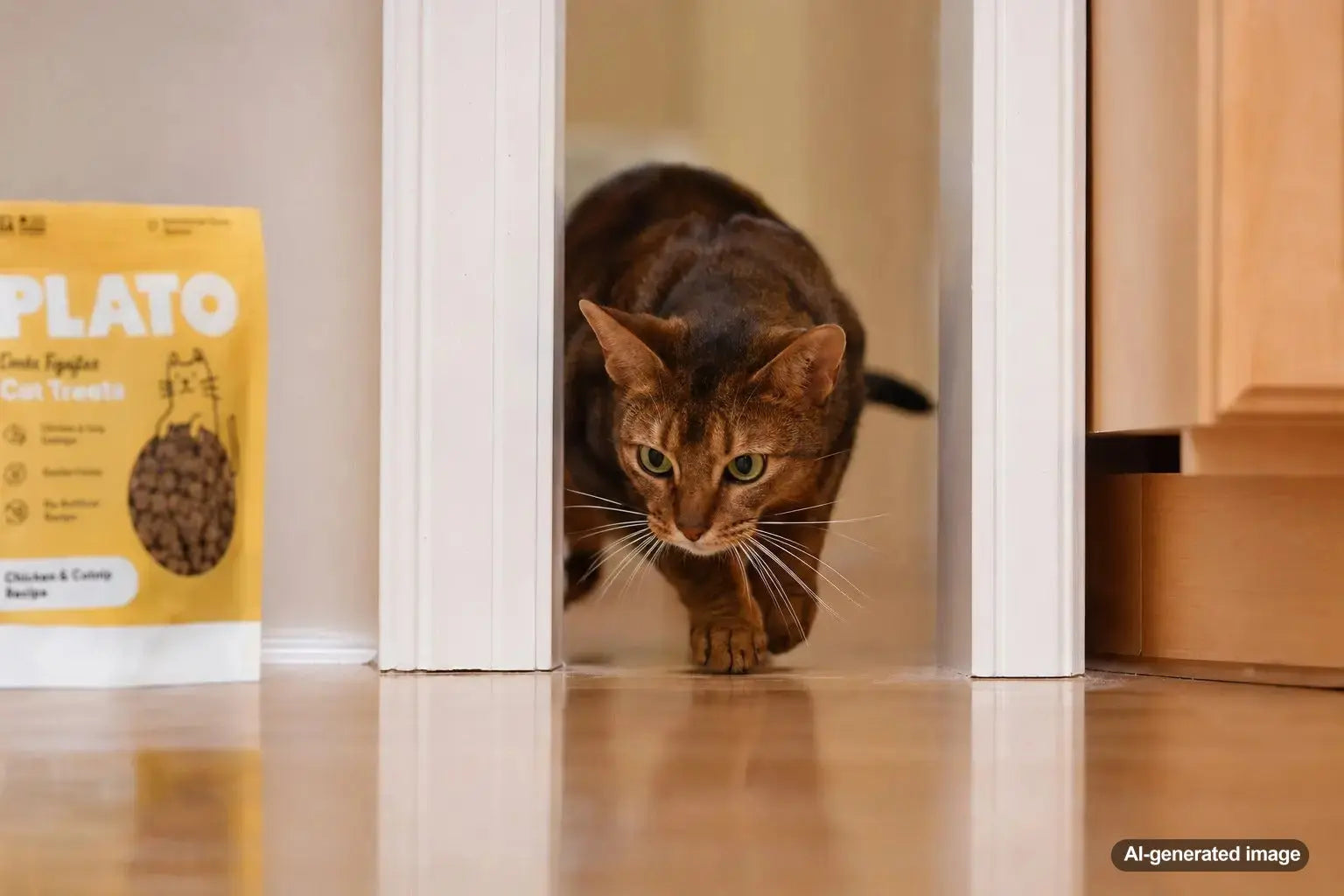 Curious cat using whiskers to judge a narrow gap before exploring