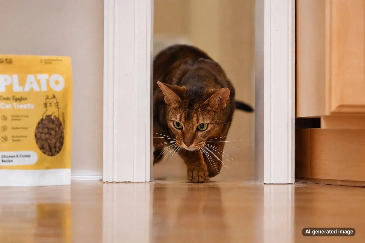 Curious cat using whiskers to judge a narrow gap before exploring