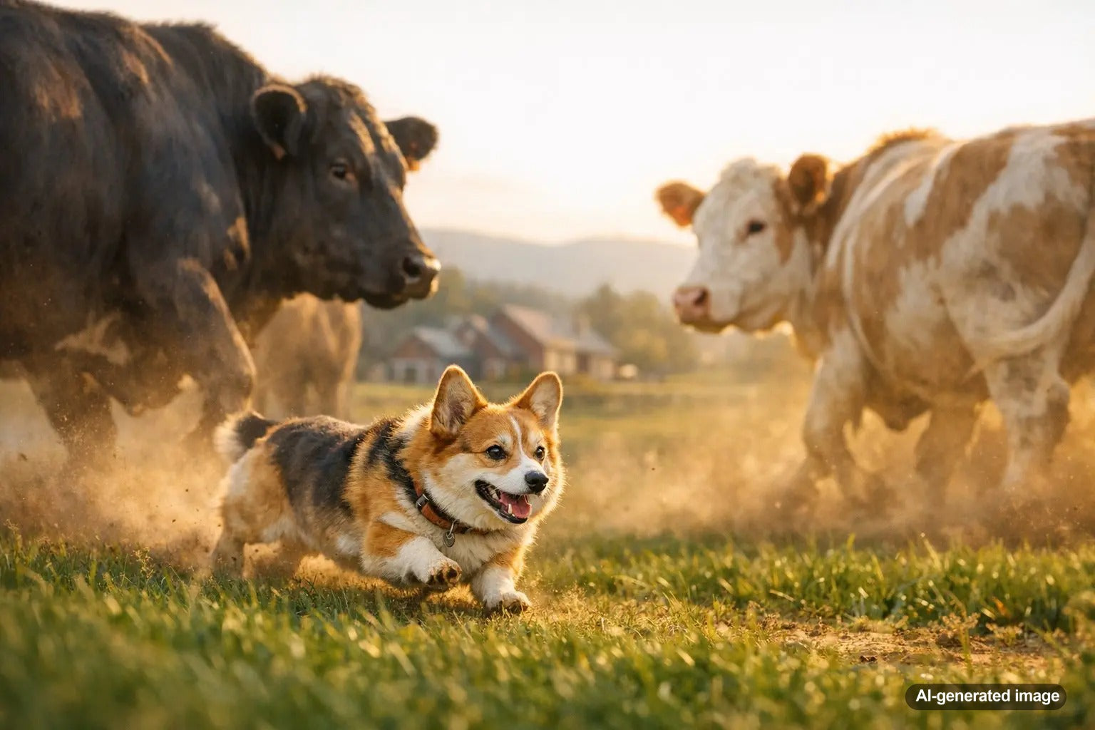 Corgi herding cattle in an open field demonstrating classic working dog instincts