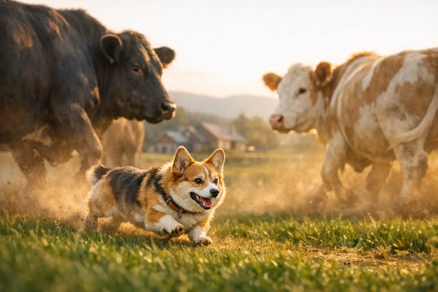 Corgi herding cattle in an open field demonstrating classic working dog instincts